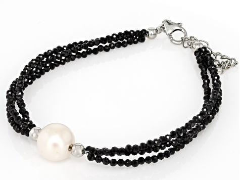 White Cultured Freshwater Pearl and Black Spinel Rhodium Over Sterling Silver Bracelet