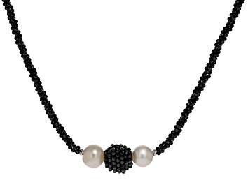 Picture of White Cultured Freshwater Pearl and Black Spinel Rhodium Over Sterling Silver Necklace
