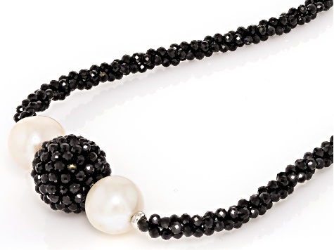 White Cultured Freshwater Pearl and Black Spinel Rhodium Over Sterling Silver Necklace