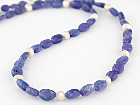White Cultured Freshwater Pearl and Tanzanite Rhodium Over Sterling Silver Necklace