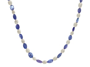 White Cultured Freshwater Pearl and Tanzanite Rhodium over Sterling Silver Necklace