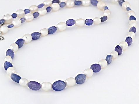 White Cultured Freshwater Pearl and Tanzanite Rhodium over Sterling Silver Necklace