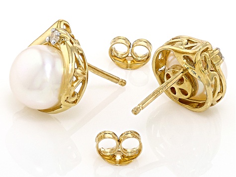 White Cultured Freshwater Pearl with 0.03ctw Diamond Accent 10k Yellow Gold Earrings