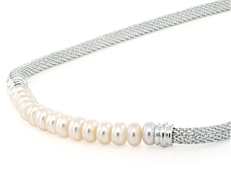 White Cultured Freshwater Pearl Sterling Silver 18 Inch Mesh Necklace