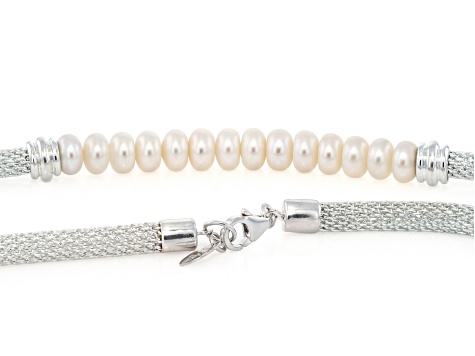 White Cultured Freshwater Pearl Sterling Silver 18 Inch Mesh Necklace
