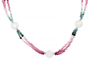 White Cultured Freshwater Pearl With Multi-Color Tourmaline Rhodium Over Sterling Silver Necklace