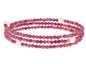 White Cultured Freshwater Pearl With Pink Tourmaline Stainless Steel Wrap Bracelet