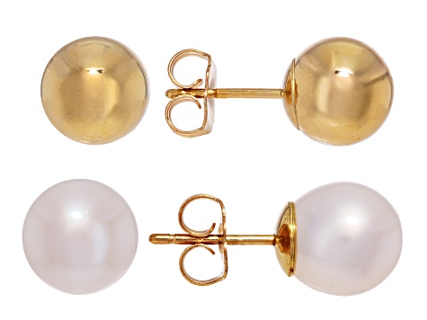 White Cultured Freshwater Pearl & Gold Bead 14k Yellow Gold Earrings Set of 2