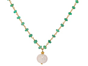 White Cultured Freshwater Pearl And Emerald 18k Yellow Gold Over Sterling Silver Necklace