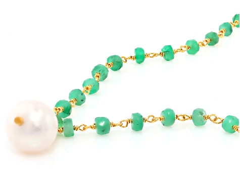 White Cultured Freshwater Pearl And Emerald 18k Yellow Gold Over Sterling Silver Necklace