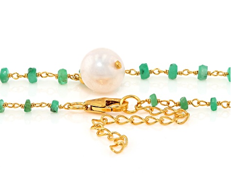 White Cultured Freshwater Pearl And Emerald 18k Yellow Gold Over Sterling Silver Necklace