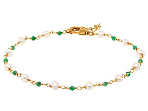 White Cultured Freshwater Pearl & Emerald 18k Yellow Gold Over Sterling Silver Bracelet