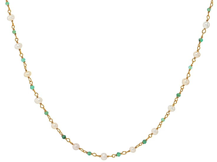 White Cultured Freshwater Bitsy Pearl & Emerald 18k Yellow Gold Over Silver 18 Inch Necklace