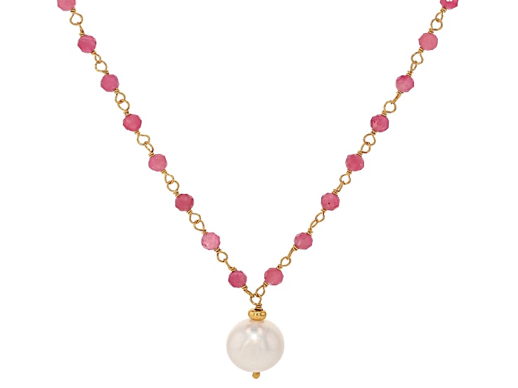 White Cultured Freshwater Pearl & Pink Tourmaline  18k Yellow Gold Over Silver 18 Inch Necklace