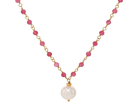 White Cultured Freshwater Pearl & Pink Tourmaline  18k Yellow Gold Over Silver 18 Inch Necklace