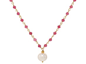 White Cultured Freshwater Pearl & Pink Tourmaline  18k Yellow Gold Over Silver 18 Inch Necklace