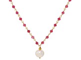 White Cultured Freshwater Pearl & Pink Tourmaline  18k Yellow Gold Over Silver 18 Inch Necklace