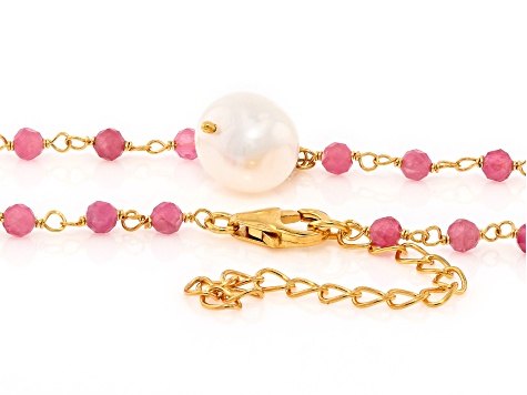 White Cultured Freshwater Pearl & Pink Tourmaline  18k Yellow Gold Over Silver 18 Inch Necklace