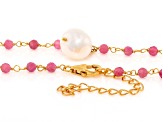 White Cultured Freshwater Pearl & Pink Tourmaline  18k Yellow Gold Over Silver 18 Inch Necklace