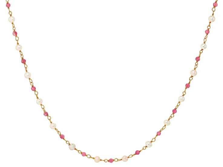 White Cultured Freshwater Bitsy Pearl & Pink Tourmaline 18k Yellow Gold Over Silver 18 Inch Necklace