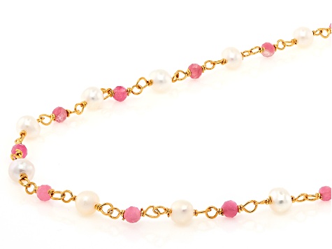White Cultured Freshwater Pearl & Pink Tourmaline 18k Yellow Gold