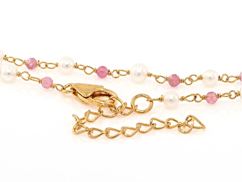 White Cultured Freshwater Pearl & Pink Tourmaline 18k Yellow Gold Over Silver 18 Inch Necklace