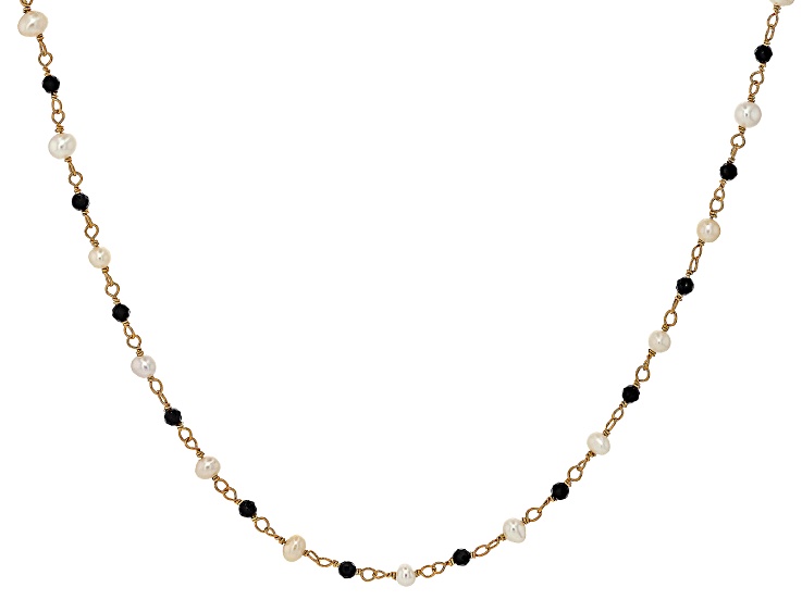White Cultured Freshwater Pearl & Black Spinel 18k Yellow Gold Over Sterling Silver 18 Inch Necklace