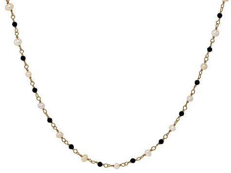 White Cultured Freshwater Pearl & Black Spinel 18k Yellow Gold Over Sterling Silver 18 Inch Necklace