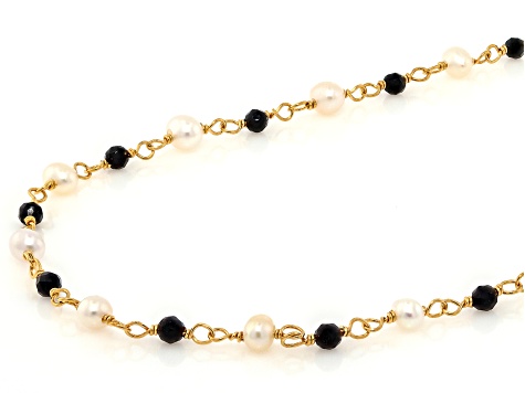White Cultured Freshwater Pearl & Black Spinel 18k Yellow Gold Over Sterling Silver 18 Inch Necklace