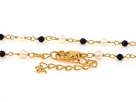White Cultured Freshwater Pearl & Black Spinel 18k Yellow Gold Over Sterling Silver 18 Inch Necklace