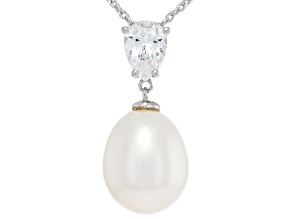 White Cultured Freshwater Pearl & Lab Created Sapphire Rhodium Over Sterling Silver Pendant