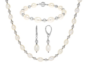 White Cultured Freshwater Pearl Rhodium Over Sterling Silver Necklace, Bracelet, And Earring Set