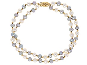 White And Platinum Cultured Freshwater Pearl 14k Yellow Gold 2-Row Bracelet