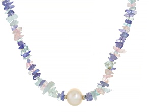 White Cultured Freshwater Pearl With Tanzanite, Morganite & Aquamarine Rhodium Over Silver Necklace