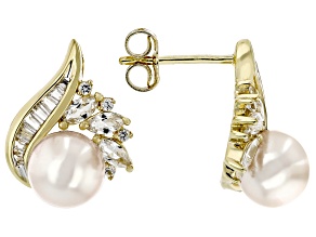 White Cultured Freshwater Pearl With White Lab Created Sapphire 18k Yellow Gold Over Silver Earrings