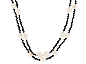 White Cultured Freshwater Pearl and 116.40ctw Black Spinel Rhodium Over Silver Multi-Strand Necklace