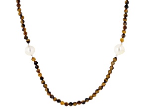 White Cultured Freshwater Pearl and Tigers Eye Rhodium Over Sterling Silver Strand Necklace