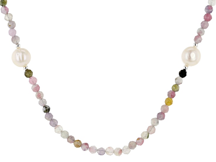 White Cultured Freshwater Pearl and 86.90ctw Tourmaline Rhodium Over Sterling Silver Strand Necklace