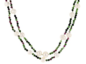 White Cultured Freshwater Pearl and 113.40ctw Ruby Zoisite Rhodium Over Silver Multi-Strand Necklace