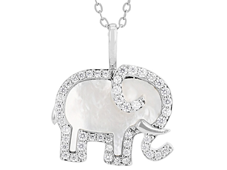 White Mother-of-Pearl With White Cubic Zirconia Rhodium Over Brass Elephant Pendant With Chain