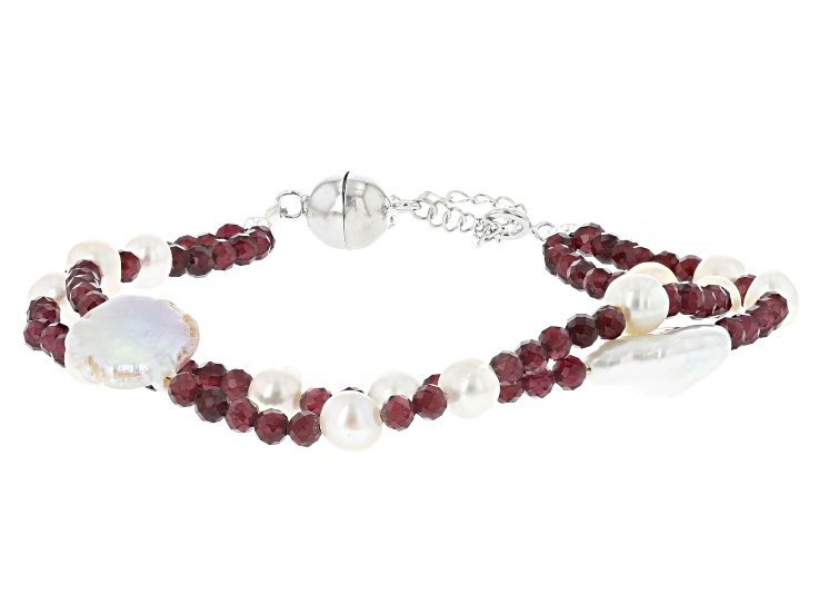 White Cultured Freshwater Pearl With Vermelho Garnetâ„¢ Sterling Silver Bracelet