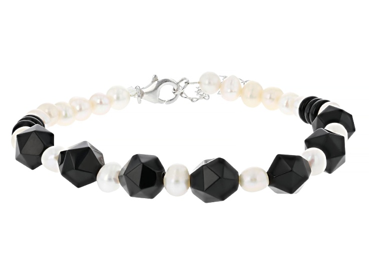 White Cultured Freshwater Pearl With Black Onyx Sterling Silver Bracelet