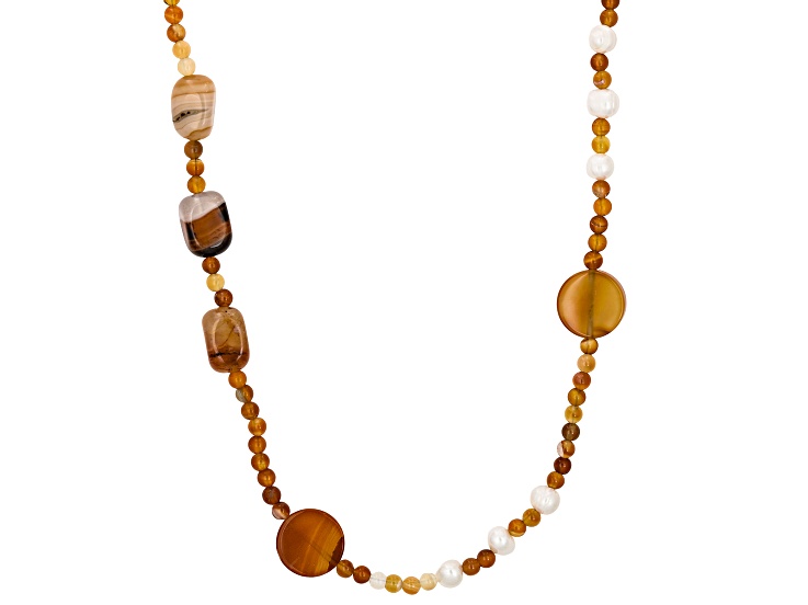 White Cultured Freshwater Pearl With Orange Carnelian Sterling Silver 36 Inch Necklace