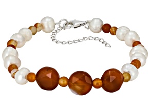 White Cultured Freshwater Pearl With Orange Carnelian Sterling Silver Bracelet