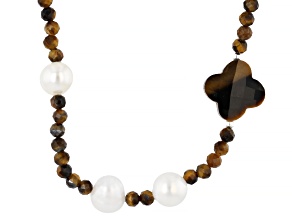 White Cultured Freshwater Pearl With Brown Tigers Eye Sterling Silver 36 Inch Necklace