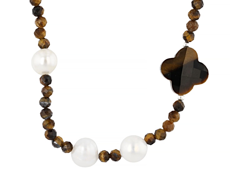 White Cultured Freshwater Pearl With Tigers Eye Sterling Silver 36 Inch Necklace