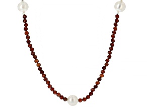 White Cultured Freshwater Pearl With Orange Garnet Sterling Silver 36 Inch Necklace