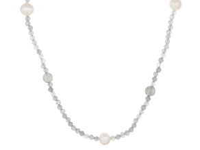 White Cultured Freshwater Pearl With Blue Labradorite Sterling Silver 36 Inch Necklace