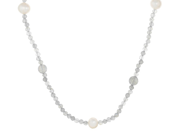 White Cultured Freshwater Pearl With Blue Labradorite Sterling Silver 36 Inch Necklace
