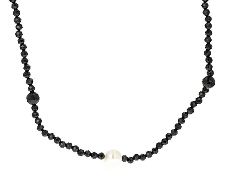 White Cultured Freshwater Pearl With Black Spinel Sterling Silver 36 Inch Necklace